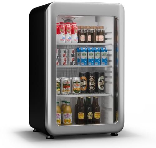 KLARSTEIN Audrey EVO Nevera Bebidas - 93L Frigorífico para Bebidas con Puerta Doble Acristalamiento, Iluminación Led, Termostato Mecánico, 0-10°C, Diseño Retro Plata