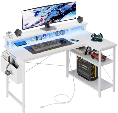 Grandder L-förmiger Schreibtisch mit LED-Beleuchtung & Steckdosen, 100 cm Gaming Desk mit 2 Regalen, Computertisch mit Monitorständer, PC-Arbeitsplatz für Homeoffice, Weiß