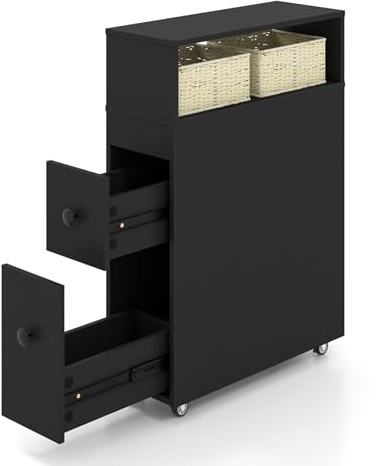 GOPLUS Nischenregal, Nischenschrank mit Rollen, 2 Schubladen & 2 Weidenkörben, Nischenwagen Badezimmerschrank schmal, Toilettenschrank freistehend, 50x19x72 cm (Schwarz)