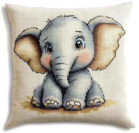 Wallphantom Animaux de dessins animés Kit Coussin au Point de Croix,Un mignon petit éléphant,DIY Kit de Coussin à Broder pour une décoration intérieure,de broderie pour débutants adultes,45x45cm