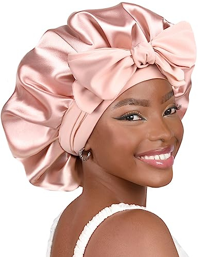 YANIBEST Silk Bonnet for Sleeping Women Satin Bonnet Double Layer Satin Lined Hair Bonnet with Tie Band Curly Hair Blush Pink