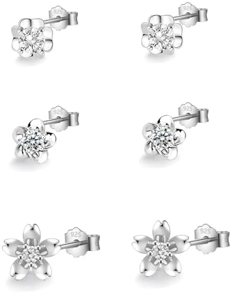 HinDaLi 3 par blomma örhängen silver 925 för kvinnor flickor kvinnor glitter små örhängen blomma zirkonia silver örhängen damer örhängen plugg blommor set brosk allergivänliga, 7mm 8mm 10mm