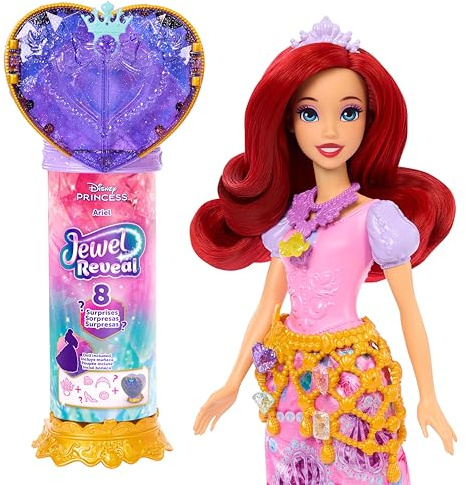 Mattel Disney Princess Ariel-modedocka och tillbehör med 8 överraskningar, inklusive låda med hjärtjuvel, ring för barn och 9 lekdelar, inspirerade av filmen, JHL49