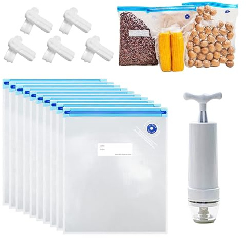 pclapora 10 Pièces Sac Sous Vide, 30 x 34cm Sac Sous Vide Alimentaire Réutilisable, Conservation Vacuum avec Pompe pour Conserver Les Légumes, Les Fruits, la Viande, Le Poisson et Le Pain