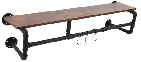 Wandgarderobe mit Ablage, Industrielle Kleiderstange zur Wandmontage, Wandregal mit 3 verstellbaren Haken, Wandmontiertes Hängeregal für Wohnzimmer, Schlafzimmern, Eingang, 100x22x25 cm (Schwarz)