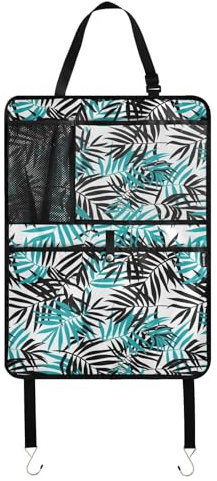 Organizador de asiento trasero para niños, color verde azulado y negro con hojas de palma, organizador para colgar en el coche, tapete con bolsillos