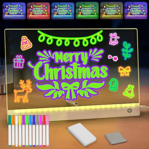 Kids led Drawing lamp with Battery, Light up Drawing Board Kids with 12 Color Pens, Rewritable Acrylic Led Message Board Gift for School Home Cafe Office, 30 * 20cm