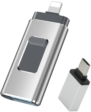 Glitfix Memoria USB de 256 GB para iPhone, No se Requiere aplicación, con certificación MFi 4 en 1 para Android/PC, con Copia de Seguridad Plug-and-Play para Fotos, Transferencia rápida (Plateado)