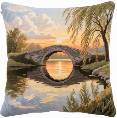 YarnAdventures Landscape Cross Stitch Cushion Kits,Stone Bridge and Willow Trees,Needlecraft Tapestry Kit Cushion Cover Craft,Hand Embroidery Cross Stitch Art for Home Decor,45x45cm