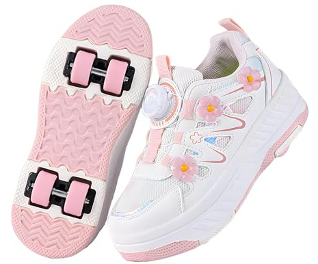 LIWLLIUA Schuhe mit Rollen für Kinder 2-in-1 Rollschuhe für Jungen Mädchen, Turnschuhe mit 4 versenkbaren Rollen, verstellbare Outdoor-Skate- und Sneakerschuhe