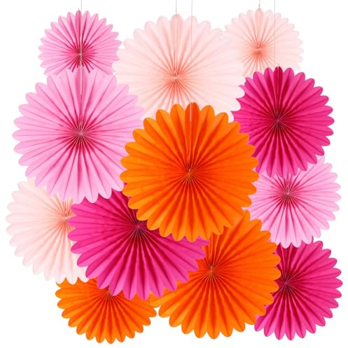 BestoFun 12 Stück Papier Fächer Set Orange Rosa Party Deko Hängende Rose Papierfächer Dekoration für Gartenparty Tischdeko Geburtstagsdeko Hochzeit Baby Shower