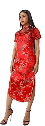 Dysmad Costumizate! Kimono o Qipao color Rojo con manga Corta. Vestido oriental para mujer. (FR/ES, Letras, Talla única, Regular, Regular, M, Rojo)