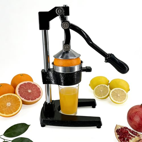 XYJBHB Professional Manual Citrus Juicer, Heavy Duty Hand Press Squeezer | Cast Iron Hand Press Lemon Squeezer with Stainless Steel Strainer for Orange, Lime, Pomegranate, Watermelon, Black