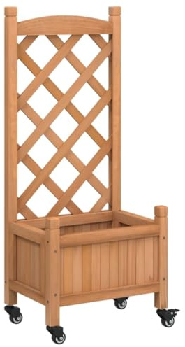 Foknhdi Fioriera con traliccio e ruote, fioriera mobile in legno massiccio di abete, traliccio per piante rampicanti come rose, fioriera verticale per giardino e terrazza, marrone, 40 x 30 x 97,5 cm