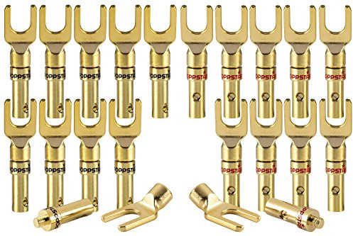 Poppstar 20x Kabelschuhe, Gabelstecker für elektrische Verbindung von Lautsprecherkabeln bis 4mm² Querschnitt, Stecker 24k vergoldet