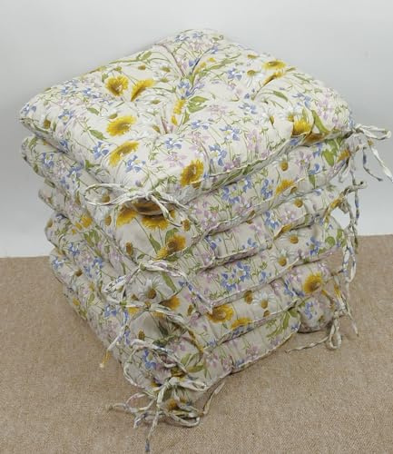 Rattani Set 6 x Stuhlkissen/Sitzkissen Klara 42 x 42 cm Dicke 8 cm, Stoff Mirha Leinen Blumenwiese - Made in EU