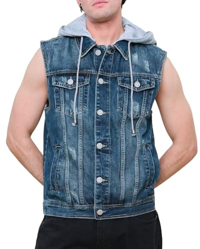 VICTORIOUS Detachable Hood Denim Jean Vest Jacket DK108 - Distressed Dark Indigo - 2X-Large - GG1F