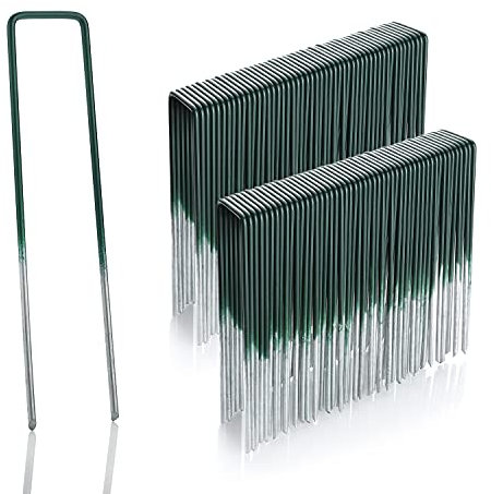 GardenMate 100x Piquets en Acier galvanisé à Chaud pour Gazon synthétique - Hauteur 15 cm * Largeur 2,5cm * Acier 2,9mm - Tête Plate - Vert et Acier