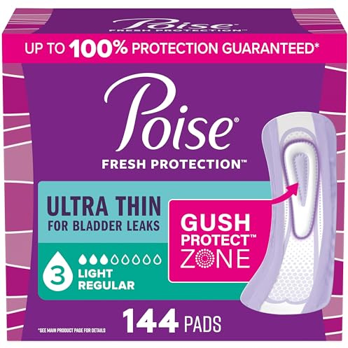 Poise Ultra Thin Incontinence Pads & Postpartum Pads for Bladder Leaks, 3 Drop Light Absorbency, Regular Length, 144 Count, Packaging May Vary