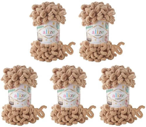 5 x 100 Gramm Strickwolle Alize Puffy, 500 Gramm Fingerstrick - Wolle super bulky, Schlaufenwolle, Stricken ohne Nadel (beige 262)