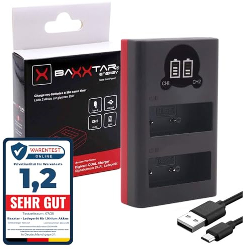 Baxxtar NP-W235 Akku Ladegerät 18882 - Mini Dual LCD - Eingang USB-C und MicroUSB - kompatibel mit Fujifilm GFX-50s II GFX-100S GFX-100S II GFX-100 II X-H2 X-H2s X-S20 X-T4 X-T5