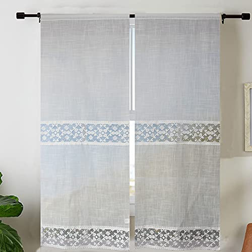 Coppia Tendine Finestra Con Pizzo Ricamato Cuore Tenda Cucina Moderna Lino-Poliestere Shabby Chic Tinta Unita 60x240cm 2 Unità Bianco