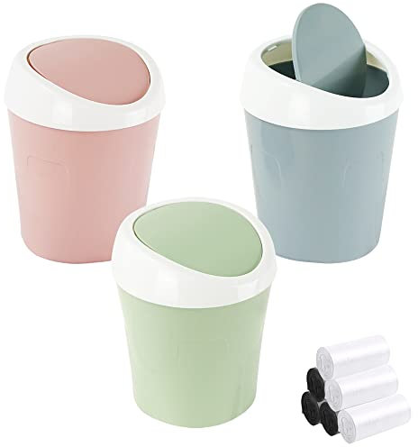 QLFJ-FurDec 3 Pezzi Mini Bidone Spazzatura, Pattumiera da Tavolo con 6 Rotoli di Sacchi Cestino Bagno con Coperchio per Bagno, Cucina, Portatile Portarifiuti, 10x12x17cm (Blu, Rosa, Verde)