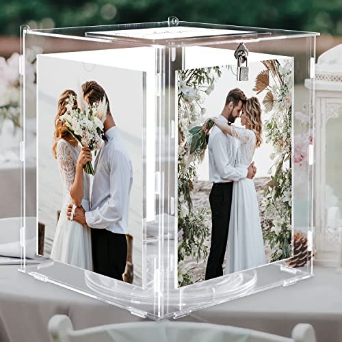Benjia Hochzeit Kartenbox aus Acryl Hochzeitsbox mit Bilderrahmen für 15x20cm Bilder, Groß Kartenbox Geld Geschenkkarten Box Briefbox mit Schloss Schlitz Rezeption Hochzeit Geburtstag Jubiläum