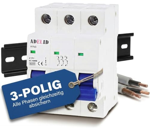 ADELID Leitungsschutzschalter 3-polig C 20A 230/400V AC | Sicherungsautomat 6kA Kurzschlussfestigkeit | Überlastschutz für Elektroinstallation | IP20 86x79x54mm