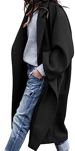 UANEO Women's Wool Blend Coat Oversized Double Breasted Long Trench Overcoat Winter (Black-S)
