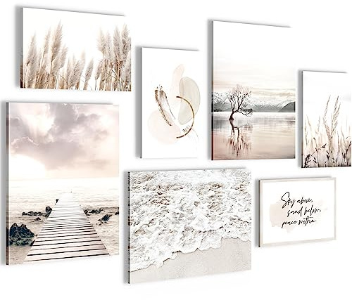 Novart Wandbilder Boho Strand - KOMPLETT AUFHÄNGFERTIG - Beige Wohnzimmer Schlafzimmer - 7 Moderne Mood-Bilder - N013471a