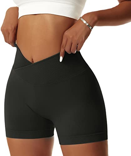 Vertvie Damen Sportshorts Scrunch Butt V Cross High Wasit Nahtlose Shorts Kurze Push Up Leggings Radlershorts Boxershorts Sommer(1pc Schwarz,S)
