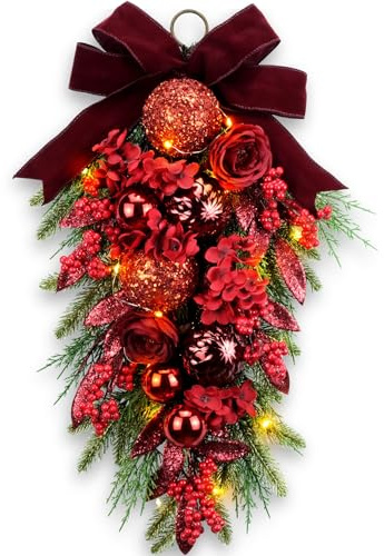 YULETIME 24 Christmas Teardrop Swag, Red Hydrangea Baubles 20 Fairy Lights | Artificial Decorative Swag Purple Bowknot, Red Berries, Sparkling Leaves, Pine Needles