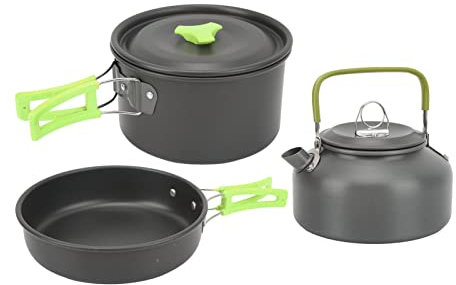 YUYTE Ensemble de Batterie de Cuisine de Camping Théière, Kit de Batterie de Cuisine d'extérieur avec Fourchette Pliante, Couteau, Cuillère, Poêle Antiadhésive, Sac de Rangement, pour