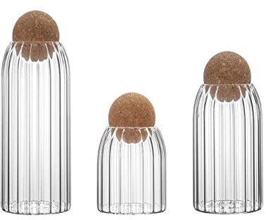 Set di 3 Barattoli di Vetro con Coperchio in Sughero, Contenitori in Vetro con Coperchio Rotondo in Sughero, Bottiglie in Vetro Vintage con Coperchi in Legno, Barattoli in Vetro per Caramelle,(Banda)