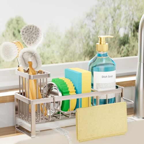 SWTYMIKI Kitchen Sink Caddy Organiser-Stainless Steel Sink Tidy with Auto Draining Tray, Removable Towel Rack, Rustproof Sponge & Brush Holder, Kitchen Storage Organiser for Countertop Sink Accessorie