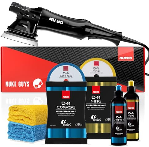 Auto Exzenter Poliermaschinen Set | Rupes LHR15ES Bigfoot Nuke Guys Edition + 2x Politur 250ml + 2x Polierpad 150mm + 2x Poliertuch | 15mm Hub - 125mm Stützteller - 500 Watt | Polierset