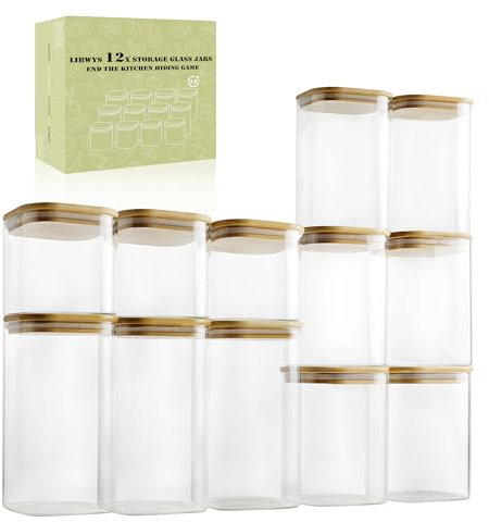 LIBWYS Set of 12 Storage Jars with Lid Square Storage Jars Glass in 3 Sizes: 720 ml, 1150 ml, 1580 ml, 12 Pieces Plus Edition