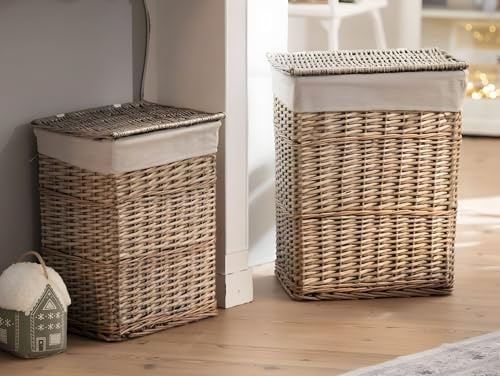 Dekoleidenschaft 2x Wäschekorb Modern Grey aus Weide mit Deckel und Stoffeinsatz, Wäschesammler, Aufbewahrungskorb, Flechtkorb, Wäschebehälter, Laundry Basket Set
