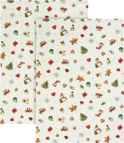 Erwin Müller Baumwolle Geschirrtuch Noel im 2er-Pack creme-bunt Größe 50x70 cm, Weihnachten, Plätzchen, Schneemann, Schneeflocke - robuste Qualität, strapazierfähig