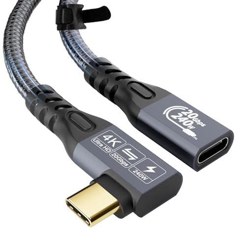 Cable YIWENTEC USB C 3.2 macho hembra Gen2 ¡Á 2 Cable de carga tipo C, transferencia de datos 20 Gbps, cable de carga rápida 240 W, 48 V/5 A, transferencia de video 4K 60 Hz (angular, 3 m)