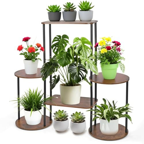Vankarr 4-Tier Blumenständer Holz Pflanzenständer, Mehrstöckig Pflanzenregal Pflanzentreppe Plant Stand Indoor Pflanzentisch für Innen Garten Balkon Deko, Schwarz Standregal + Braune Holzplatte