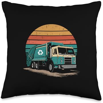 Retro Sunset Garbage Truck Trash Collector Waste Collecting Throw Pillow