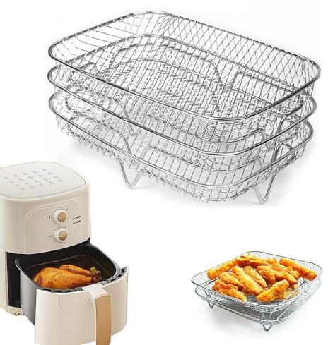 AZKEEGREY 3 Layers Air Fryer Racks Rectangle Air Fryer Basket Tray, Stainless Steel Air Fryers Accessories Stacking Bacon Racks for Air Fryer Baking and Oven, 19.2x13.8x4.5 cm