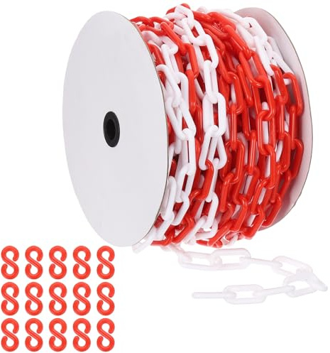 PATIKIL röd/vit plastkedja, 92 fot 8 mm avstängningskedja, säkerhetsbarriär, stor länkkedja, lång för varningssäkerhet, parkeringsplats, personkontroll, grind för byggplats, avspärring av ytor