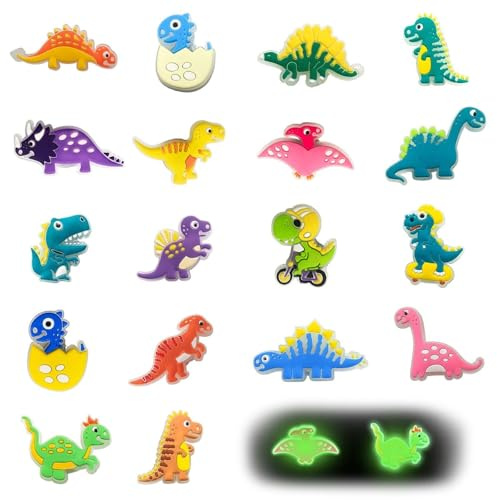 SLEEKEE 18 Stück Leuchtende Dinosaurier-Schuhdekorationen, Cartoon-Tier-Schuhblumen, Niedliche Schuhschnallen, Kreative Abnehmbare Schuhdekorationen, Diy-Schuhzubehör-Dekoration