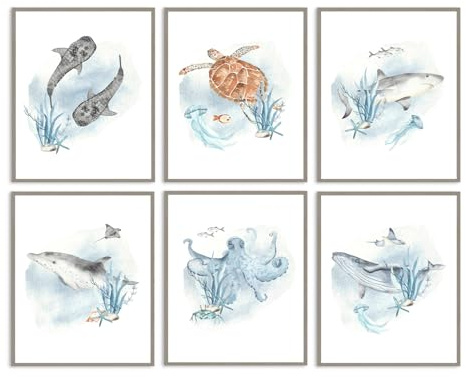 Dazzlewall 6er Set Ozean Wandbilder mit Wal Hai Schildkröte Tintenfisch, Unterwasser Meerestier Leinwand Bilder für Badezimmer, Blaue Meeresleben Deko 20×25 cm Ungerahmt