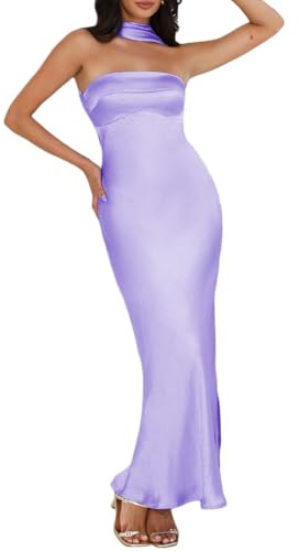 Women's Summer Satin Strapless Tube Top Maxi Dress Elegant Silk Backless Halter Neck Formal Party Dresses Wedding Guest, Lilac, M