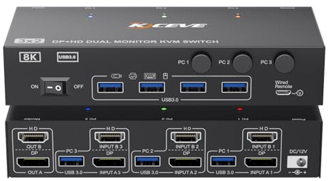 HDMI+Displayport KVM Switch 3 Datorer 2 Skärmar 4K@60Hz 2K@144Hz Simulering EDID, MLEEDA Dual Monitor KVM Switch med 4 USB 3.0 Portar för Tangentbordsmus, Trådad Fjärr och Kabel Ingår, 12V Ström