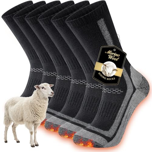 Cirorld Merino Wool Thermal Hiking Socks for Men Women Cushioned Anti Blister Wicking Walking Socks, Work Boot Crew Sock for Trekking Running Riding Cycling, Outdoor Sports 3 Pairs, Black 6-8